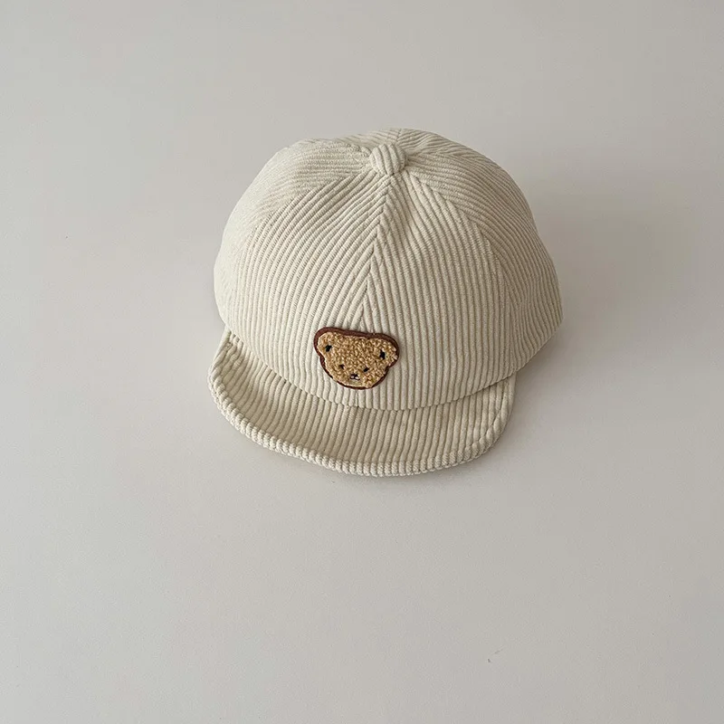 Autumn Children Retro Cartoon Bear Peaked Cap Boy Baby Patch Corduroy Hats Girl Infant Short Eaves Baseball Caps Kid Casual Hat