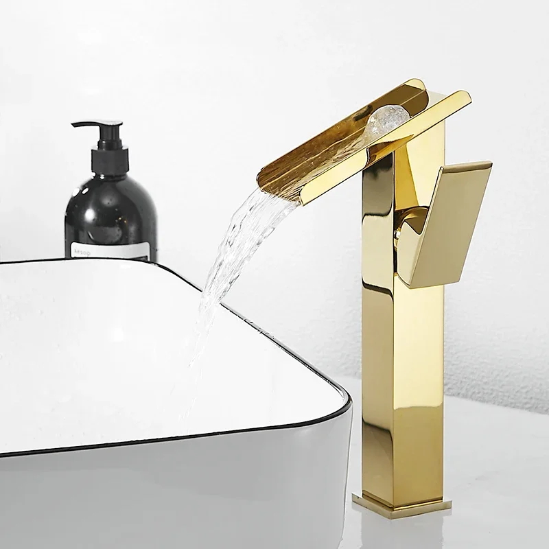 Black Brass Waterfall Wash Basin with High And Low Faucet for Hotel Toilet Home Bathroom - Hot And Cold Water Compatible