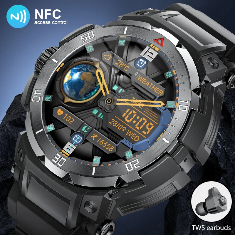 LIGE NFC 2 In 1 Bluetooth Headset Smart Watches TWS Music Talk With Earbuds Waterproof Sport Men Smartwatch Health Monitor Watch