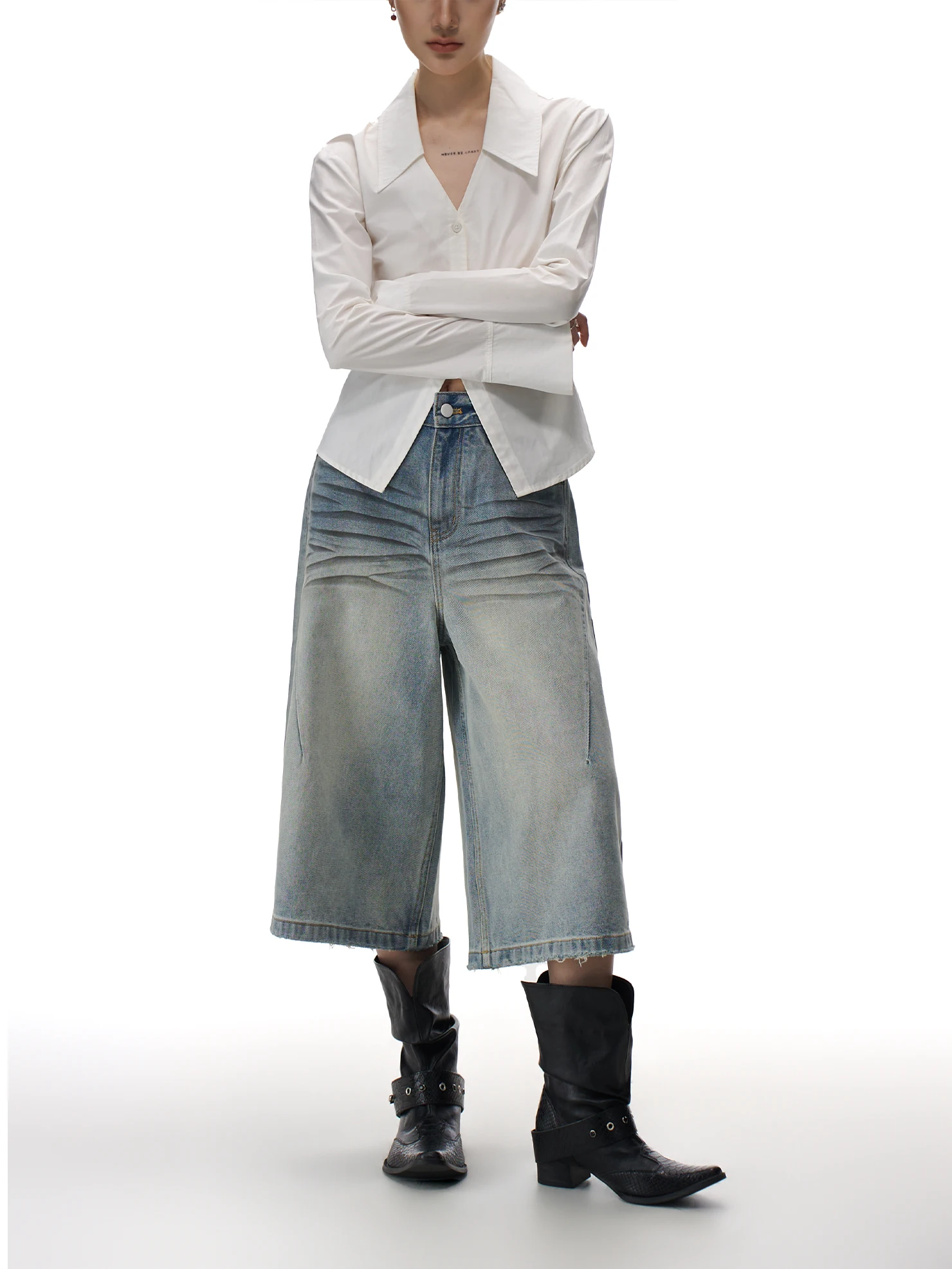 

Washed American Style Gradient Design Jeans Shorts Women Summer Trendy Loose Wide Leg Seven Pants Casual Cotton