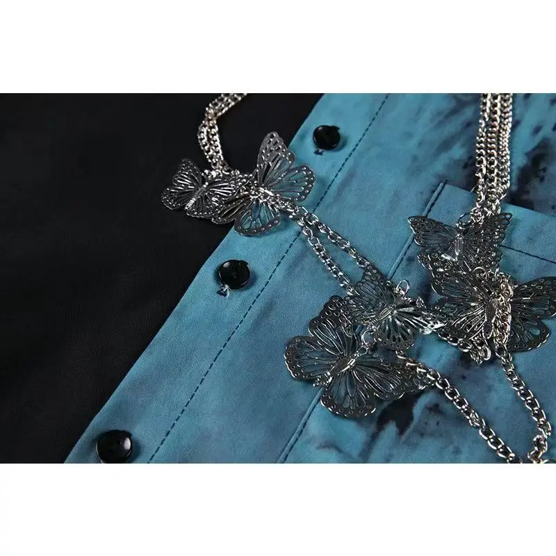 2025 Spring and Autumn New Chain Turn-down Collar Long Sleeve Men's Black Blue Shirt Loose Casual Couple Black Gray Shirt