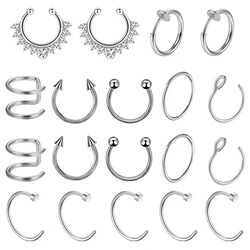 WKOUD 1/19PCS Fake Septum Piercing Nose Ring Hoop Nose Faux Piercing Rings Body Jewelry Non-Pierced Lips Ear Clip Combination