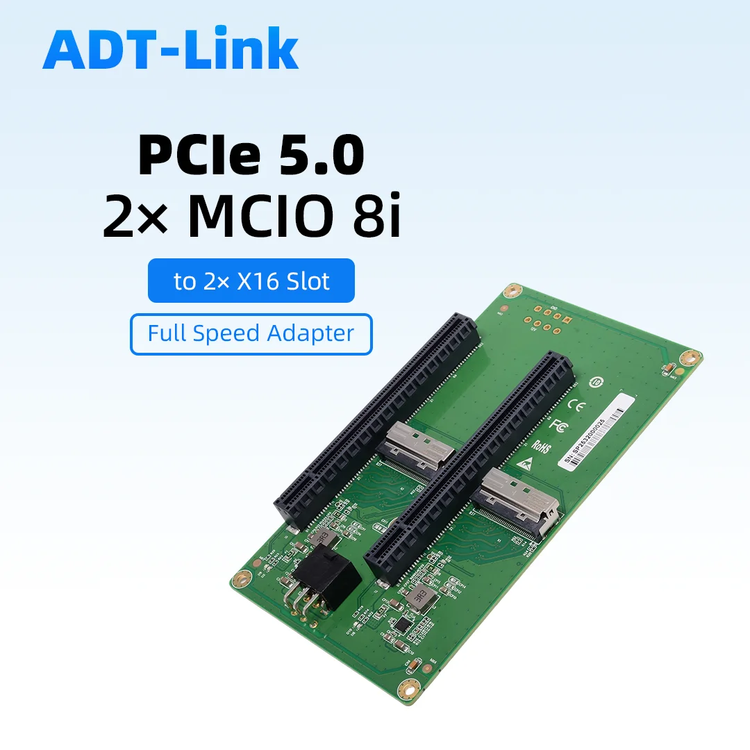 

2 Port MCIO 8I To 2x PCIe 5.0 X16 Slot Riser Card ,Dual 74Pin MCIO X8 To PCIe Gen5 X16 Adapter , MCIO-8I Cable High-speed