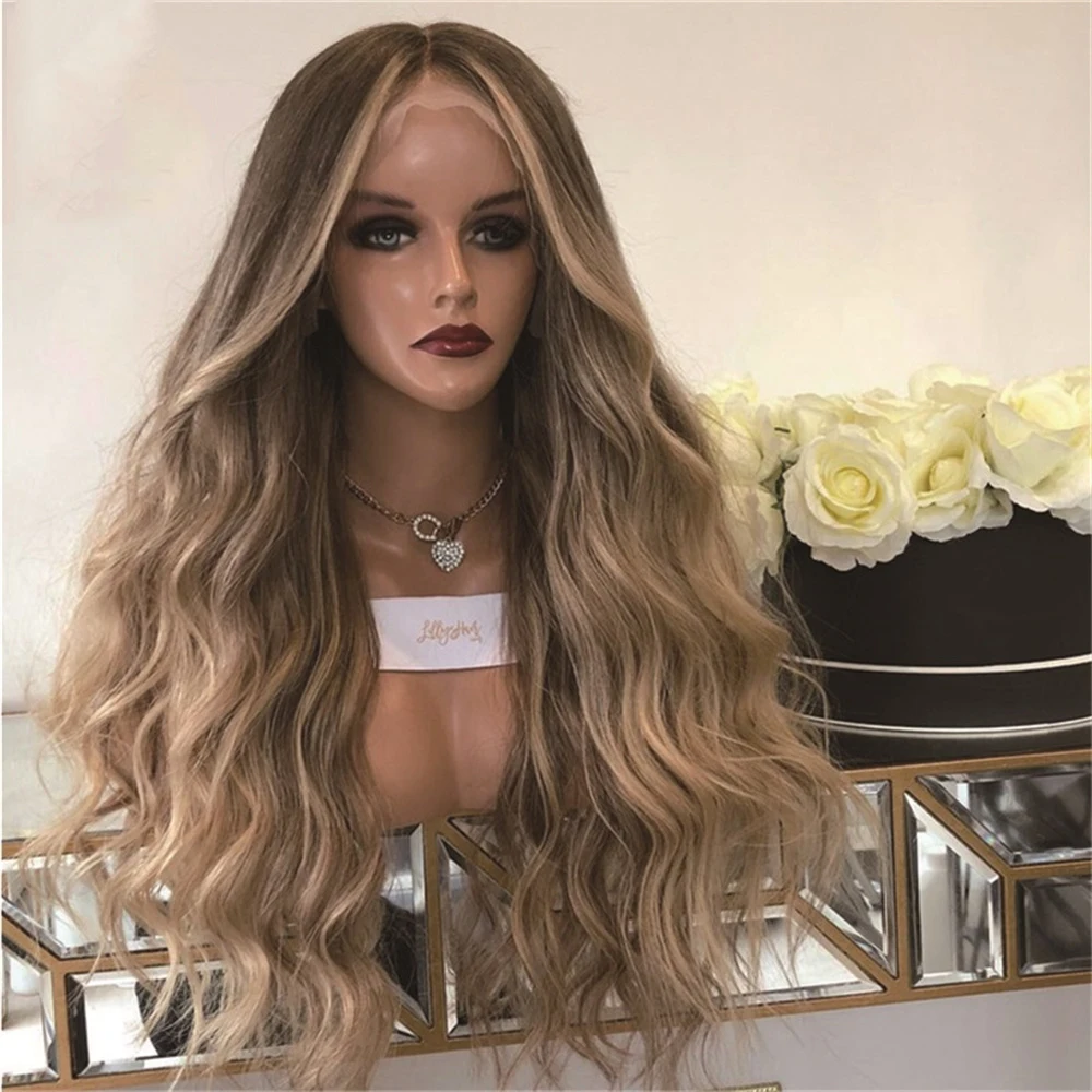

Long Wavy Lace Front Wig Highlights Balayage Blonde Nature Curly Wave Synthetic Heat Resistant Fiber for Women Daily Party Use