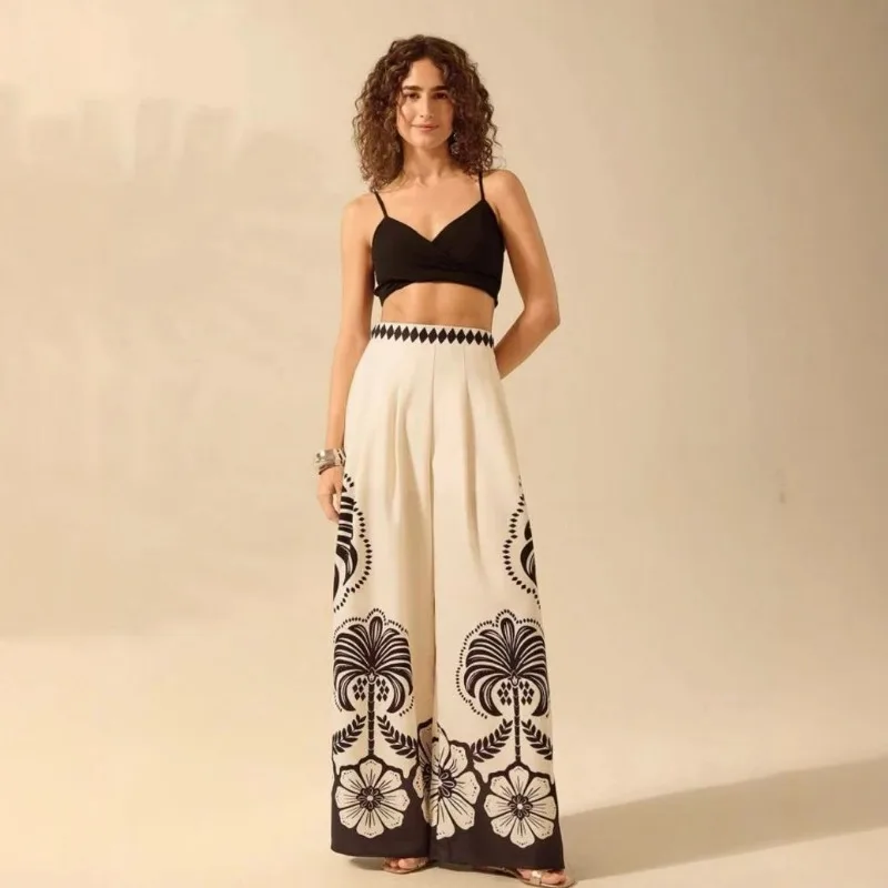 2025 Spring and Summer New Printed Casual Fashion Loose High Waist Wide Leg Pants