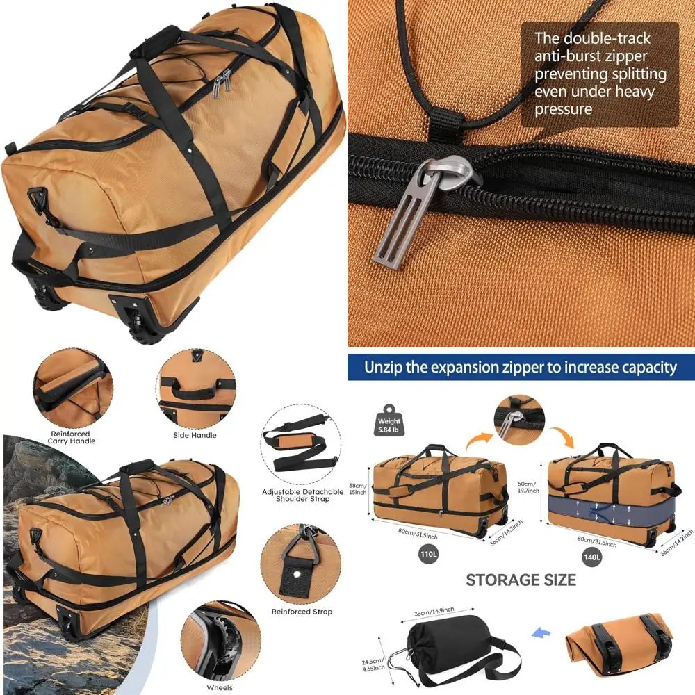 

Expandable 32 Rolling Duffle Bag, 140L Capacity, 3 Compartments, Heavy-Duty Wheels, Adjustable Straps, Foldable for Travel