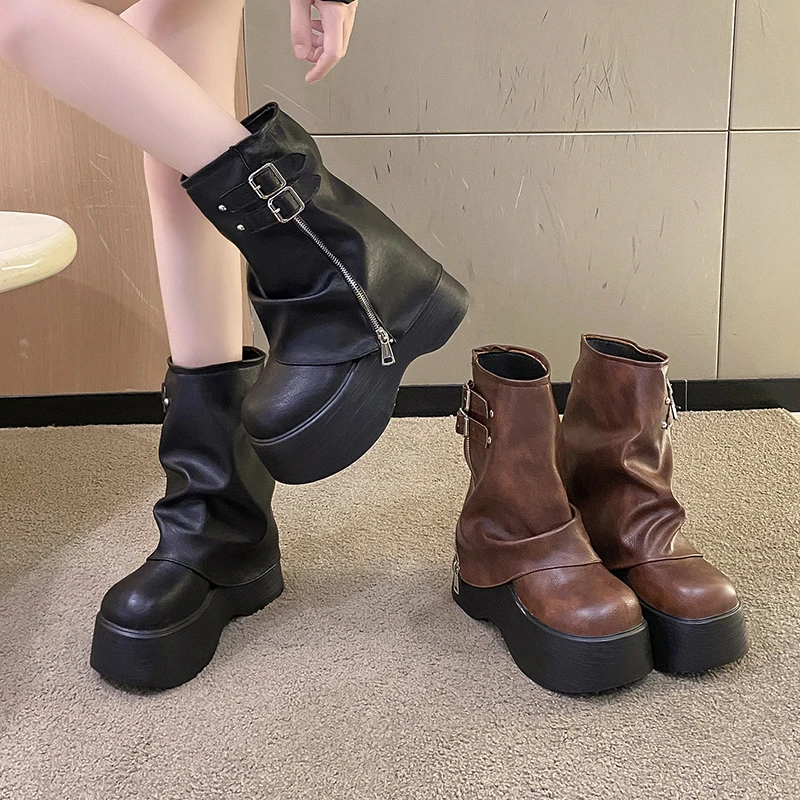 Soft Leather Ankle Mid Calf Boots Winter Autumn High Platform Wedge British Booties Woman New Ladies Chunky Motorcycle Boots 9CM