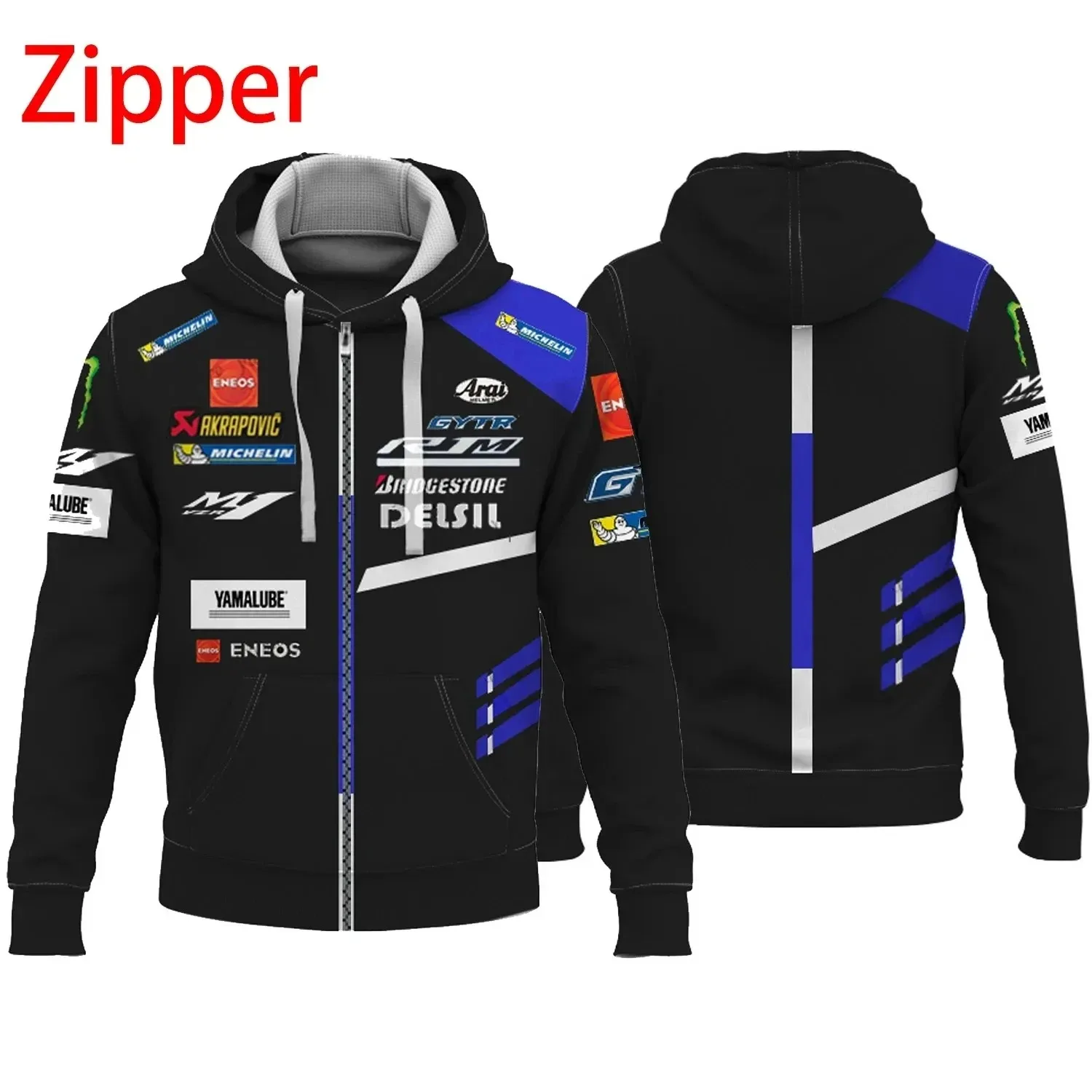 2024 New Men's Hoodie Motorcycle Race Coat 3D Printing Casual Fashion Yamaha Zipper Sweater Men's Pullover