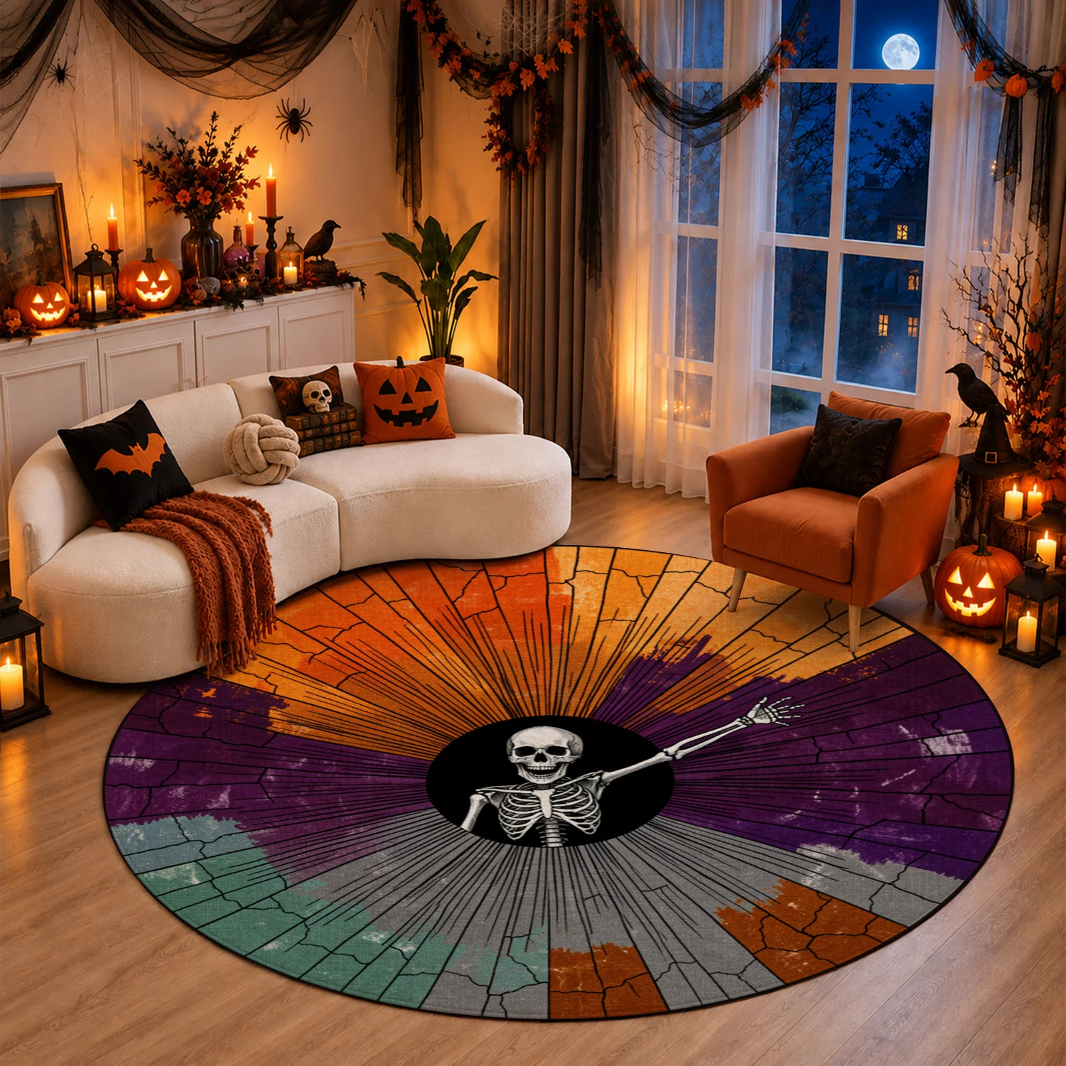 Skeleton Burst Design Round Velvet Rug Machine Washable for Living Room Bedroom Entryway Dining Room Office Halloween Thanksgiving Black Friday Christmas New Year