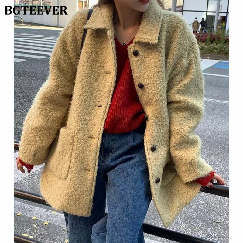 

BGTEEVER Chic Stylish Long Sleeve Thicken Warm Woolen Coats for Women Autumn Winter Vintage Loose Female Single-breasted Jackets