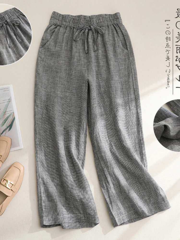 

Утягивающие широкие брюки из хлопка и льна, повседневные брюки с девятью точками, прямой крой, тонкие женские модные брюки большого размера с поясом