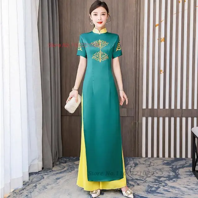 2024 vietnam aodai cheongsam dress+pants set traditional chinese elegant flower embroidery qipao banquet evening dress vestido