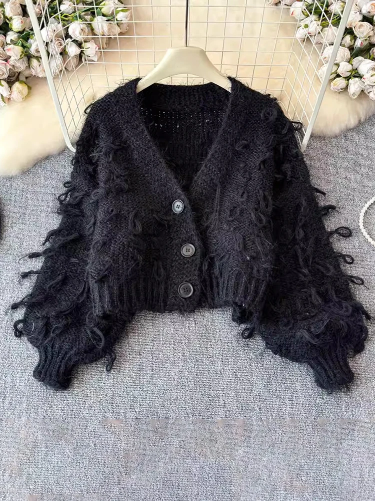 TWOTWINSTYLE Solid Loose Short Sweater For Women V Neck Long Sleeve Patchwork Single Breasted Knitted Cardigan Female KMY513304