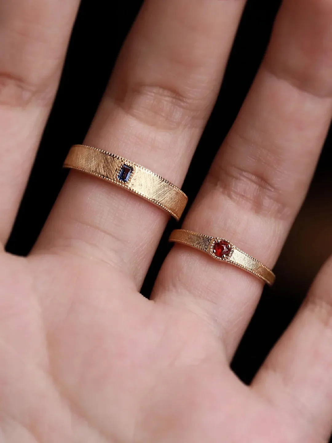 Designer Custom Ruby & Sapphire Brushed Texture 18K/14K Couple Rings, Luxurious Wedding/Engagement Bands for Him & Her