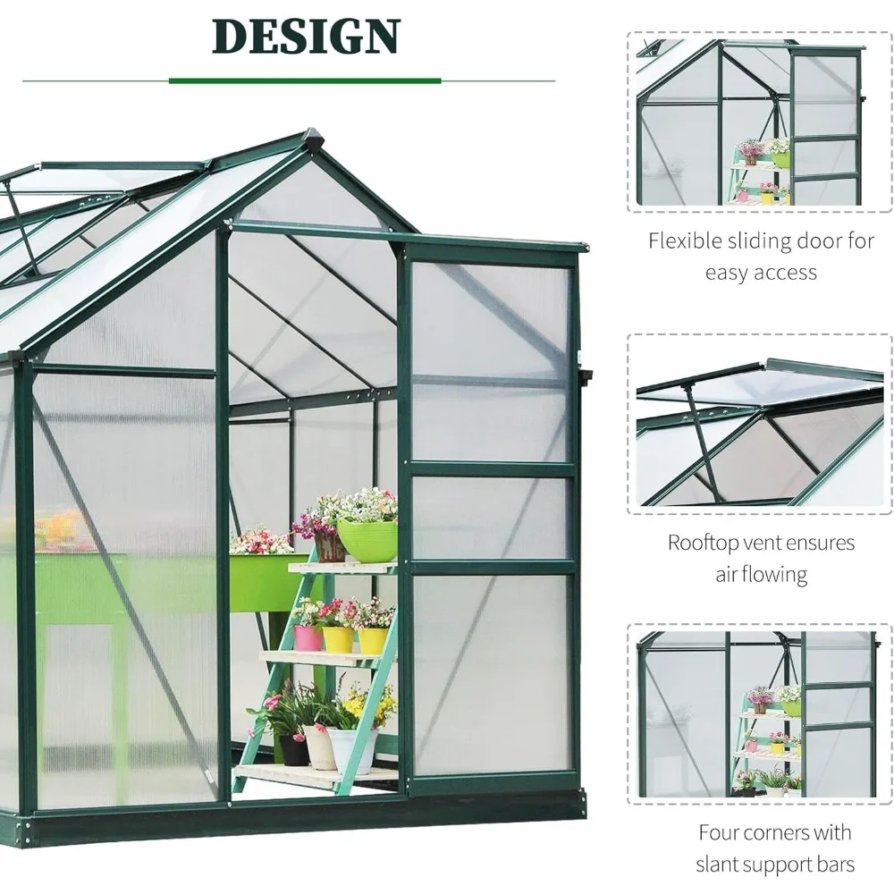 6' x 8' x 6.5' Polycarbonate Greenhouse, Heavy Duty Outdoor Aluminum Walk-in Green House Kit with Rain Gutter, Vent and Door