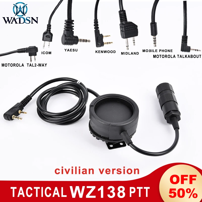 WADSN Military Tactical Headset PTT Plug Hole Headphone Clip in metallo pulsante Push-to-Talk grande ptt WZ138