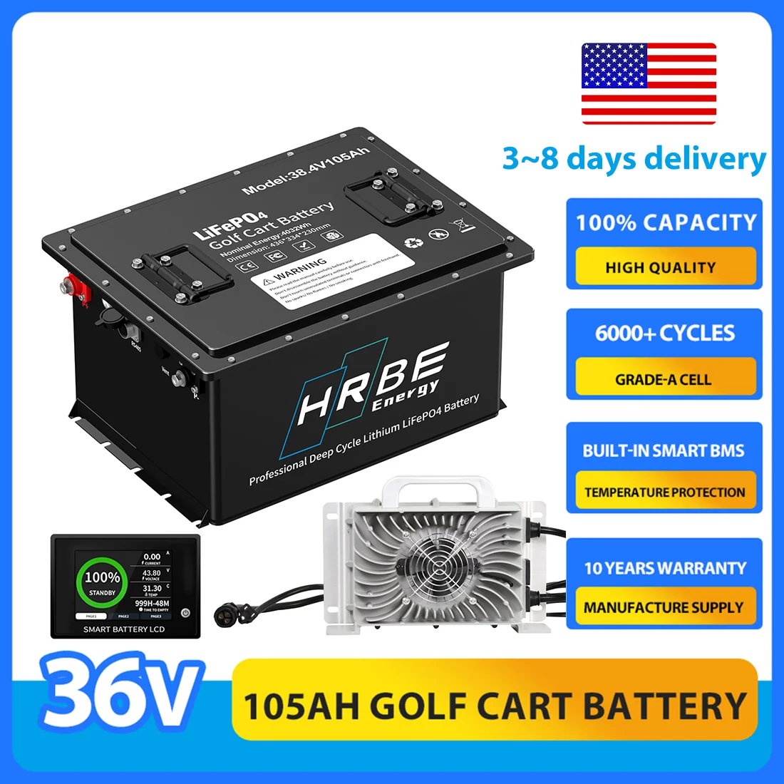 

36V 105Ah LiFePO4 Golf Cart Battery,With Touch Monitor, 8000+ Cycles Rechargeable Lithium Battery,Perfect for Golf Cart,Off-grid