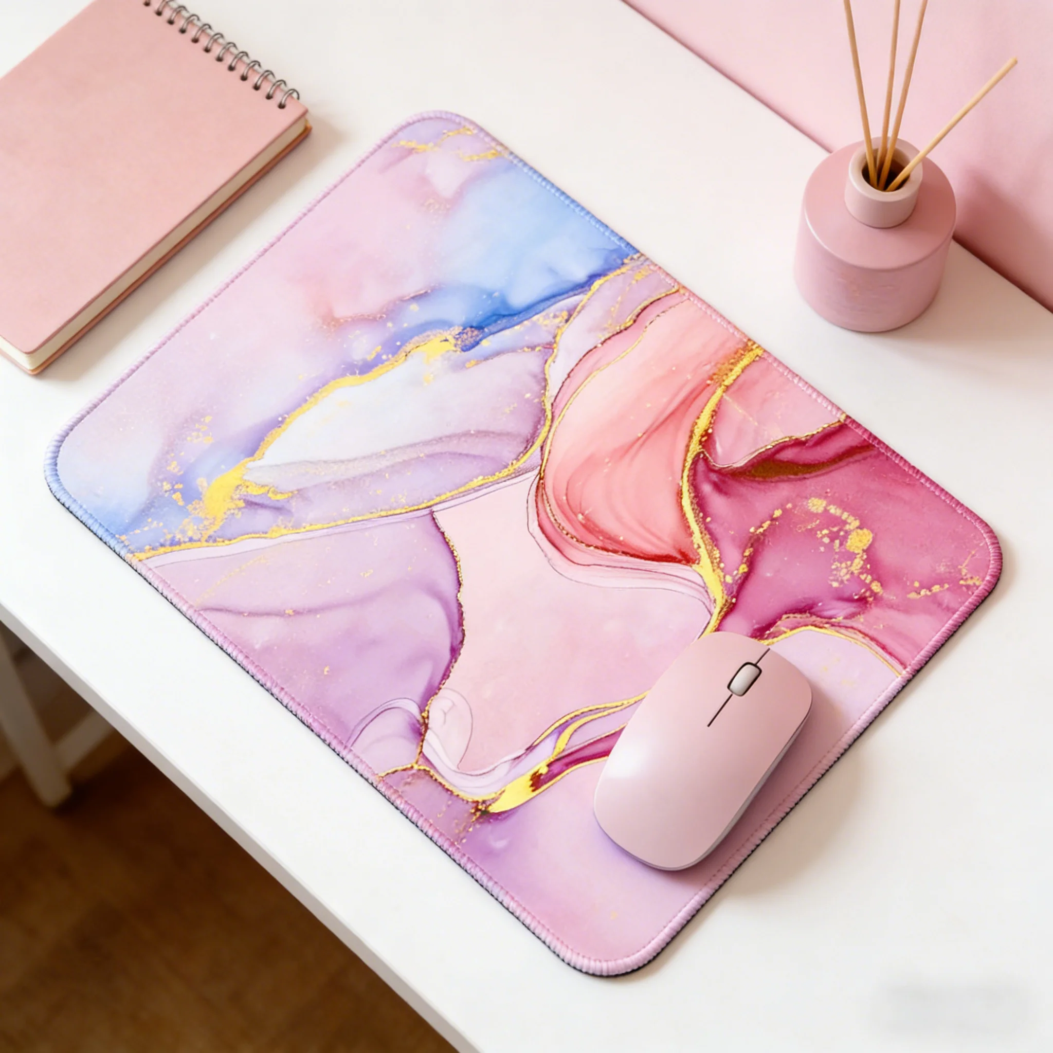 Pink Blue Gold Marble Mouse Pad, Non-Slip Lock Edge Desk Mat, Office Gaming Mousepad for Laptop, Cute Aesthetic Desk Accessories