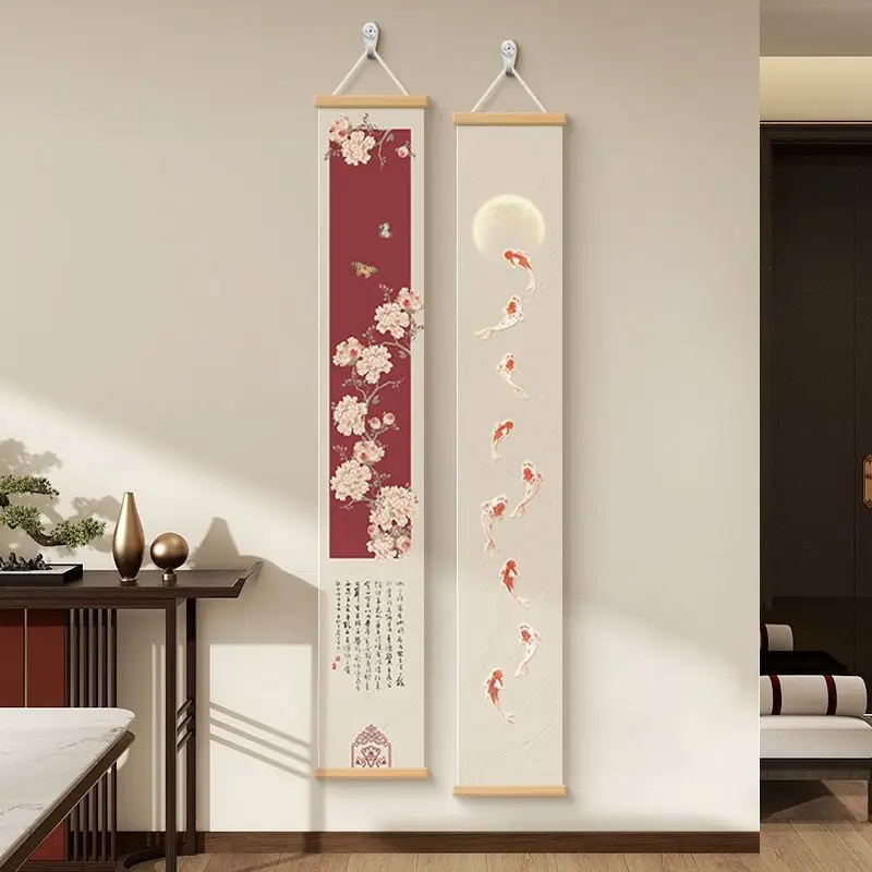 Vertical Narrow Wall Art for Entryway Corridor, Peony Koi Fish Hanging Picture, Aesthetic Room Decor Home Decoration