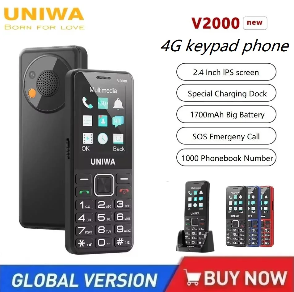 UNIWA V2000 Grote drukknop 4G-telefoon 2,4 inch 0,3 MP camera FM-radio 1700 mAh Mobiele telefoon Ondersteuning mobiele telefoons met één klik