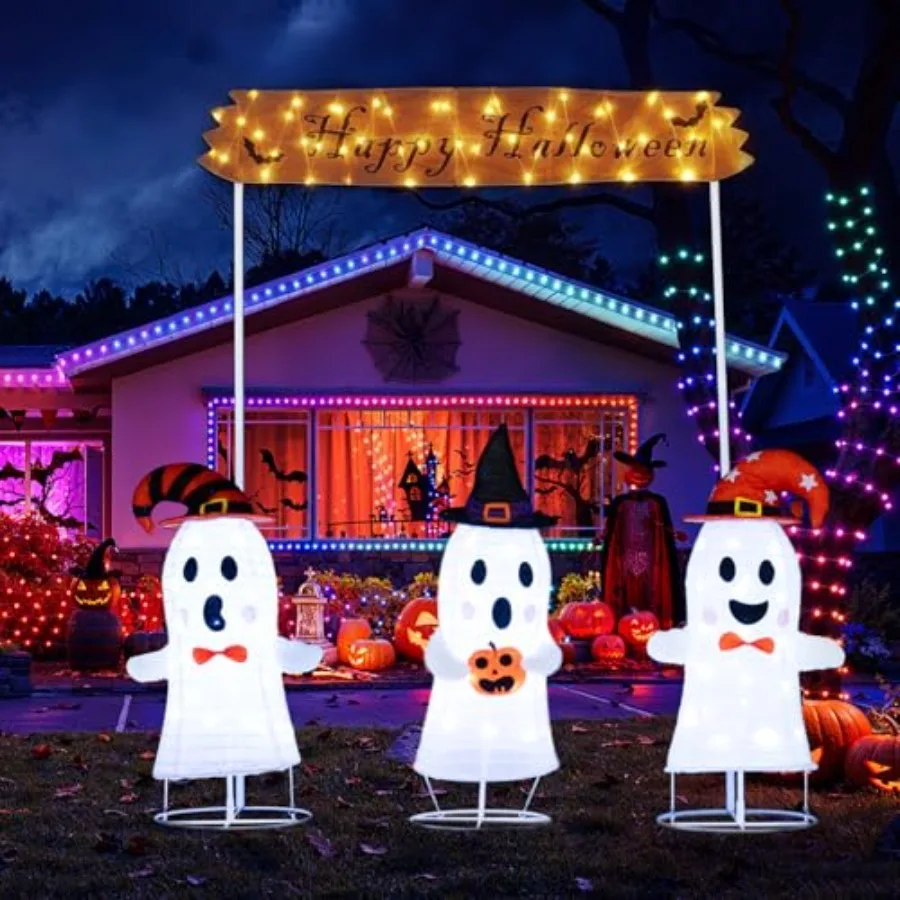 Halloween outdoor/indoor decor set: 3 lighted pop-up ghosts with witch hats, PVC material, white color, energy-efficient LED li