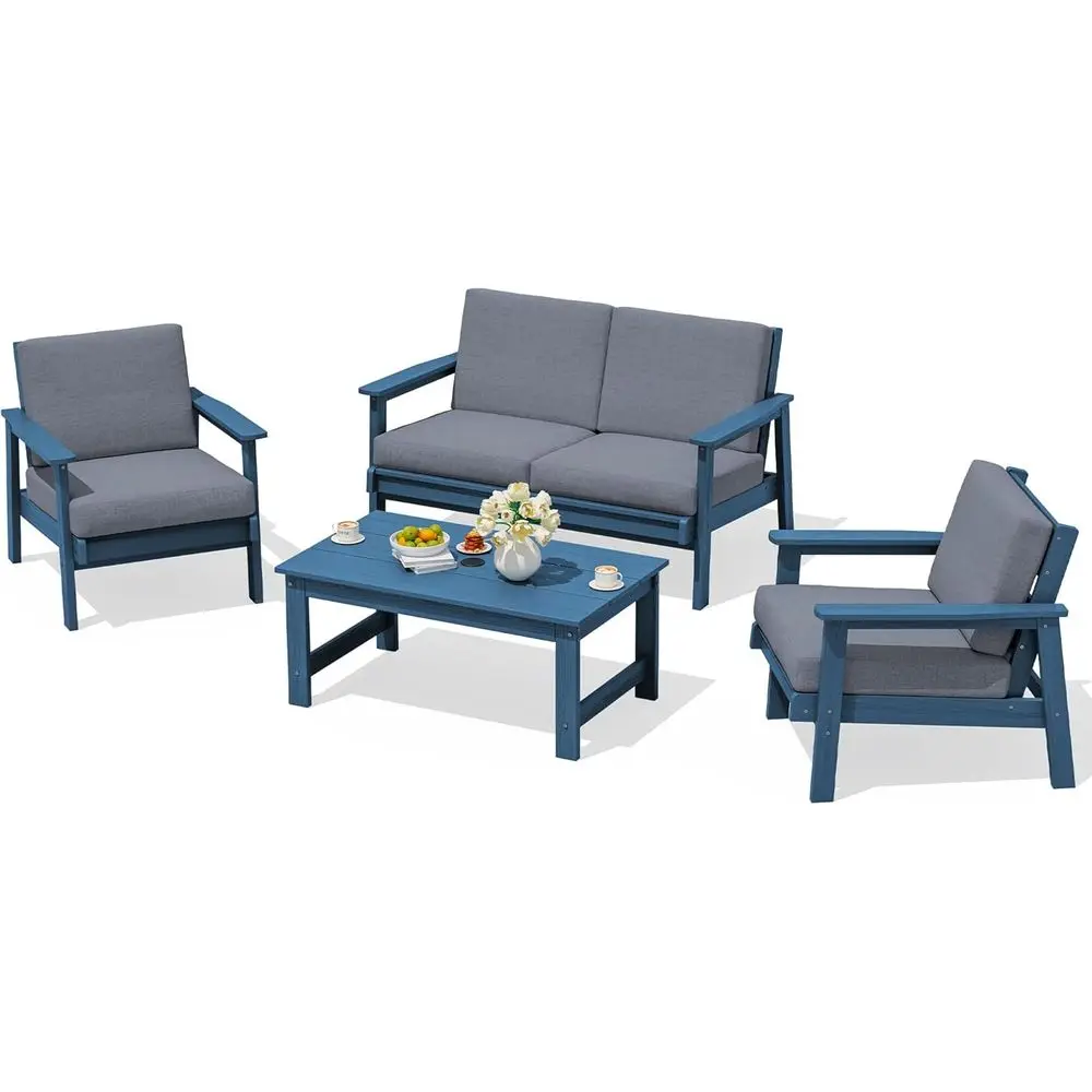 

4 Piece HDPE Outdoor urniture Set, All Weather Wood-Like Outdoor Soa Sectional Couch, Blue Patio urniture Set with Grey Cushions