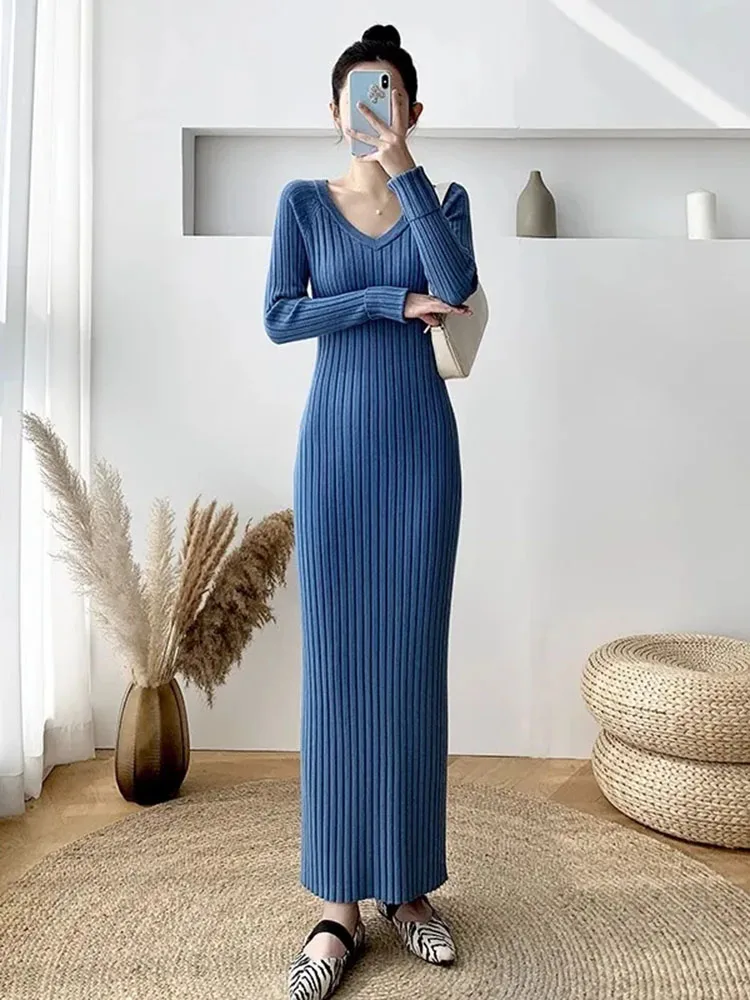 Spring Soft Knitwear Dress V-neck Slim Long Knitted Vestidos Solid Color Woman Knit Dresses Korean Elegant New Sweater Pullover