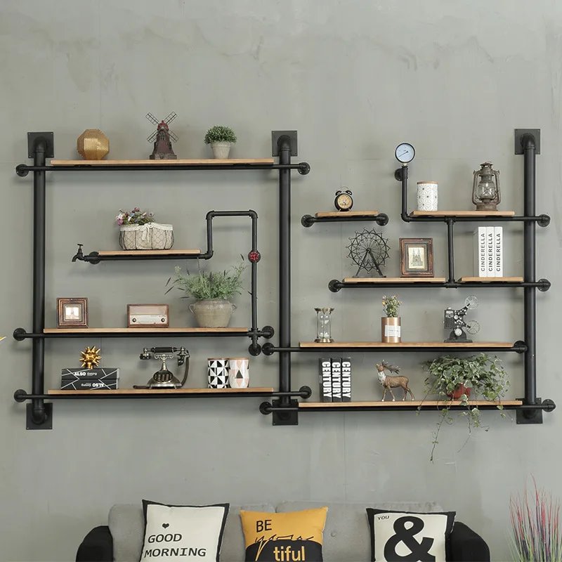 

Black water pipe multi-layer storage rack study living room creative side hanging metal rack