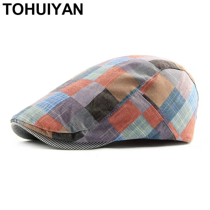 TOHUIYAN Plaid Flat Caps for Women Boina Cotton Berets Hats Men Adjustable Gorra Newsboy Cap Driver Duckbill Visor Gatsby Hat