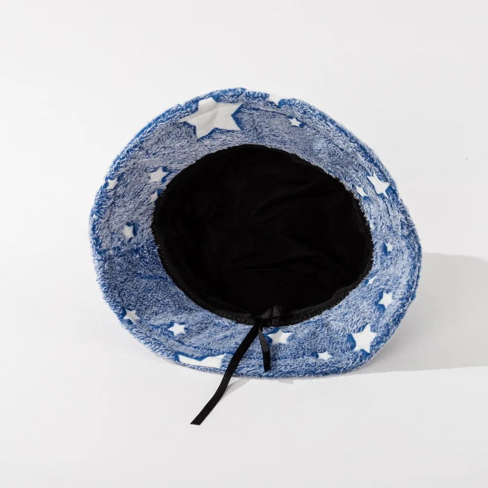 Fashion New Winter Star Moon Bucket Hat For Women Pink Panama Soft Warm Hats Female Vintage Faux Fur Fisherman Hats Czapka damska