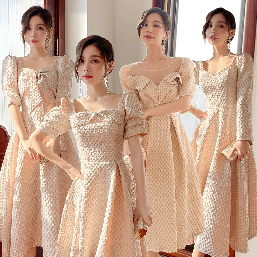 

Champagne Long Sleeves Bridesmaid Dress Women Square Collar Bandage Homecoming Dresses Elegant Simple Modern Daily Evening Gown