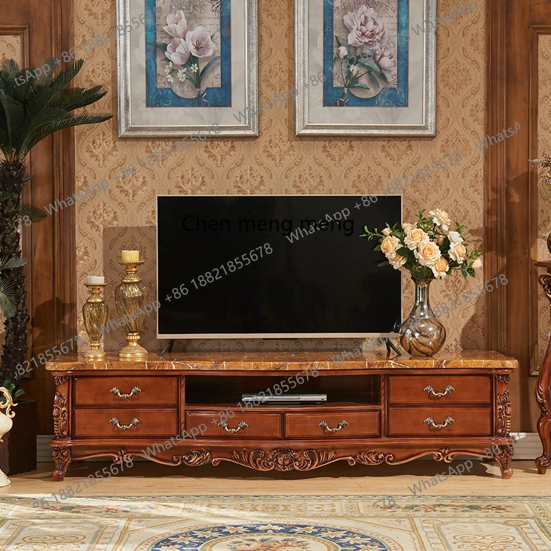 

European TV cabinet American living room solid wood carving flower cabinet marble coffee table combination classical TV cabinet