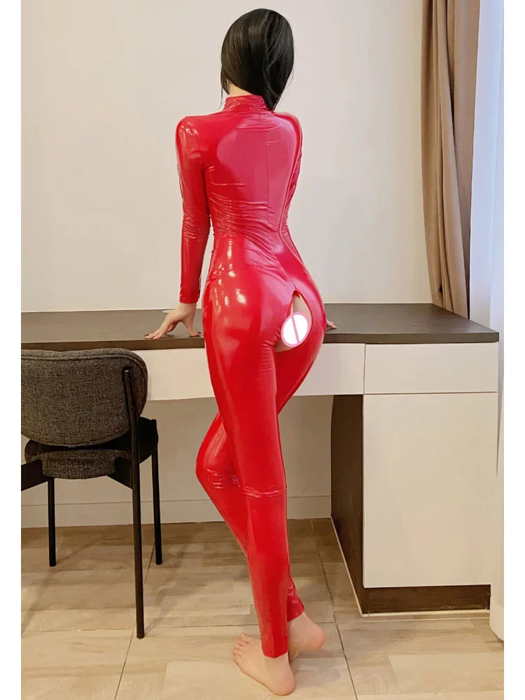 Catsuit de PVC con aspecto húmedo ahuecado, mono de manga larga con doble cremallera y entrepierna abierta, medias, mono de Cosplay de cuero PU brillante