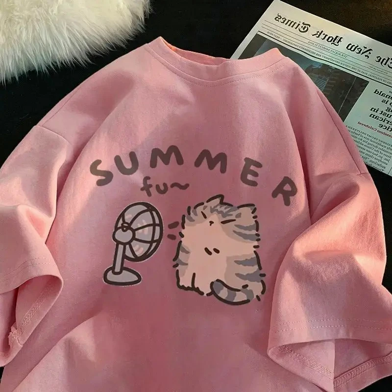 Korean Minimalist Cartoon  Cute Cat Printed Summer T-shirt Casual Round Neck Short Sleeves Creative Fashion Women's Clothing image 3