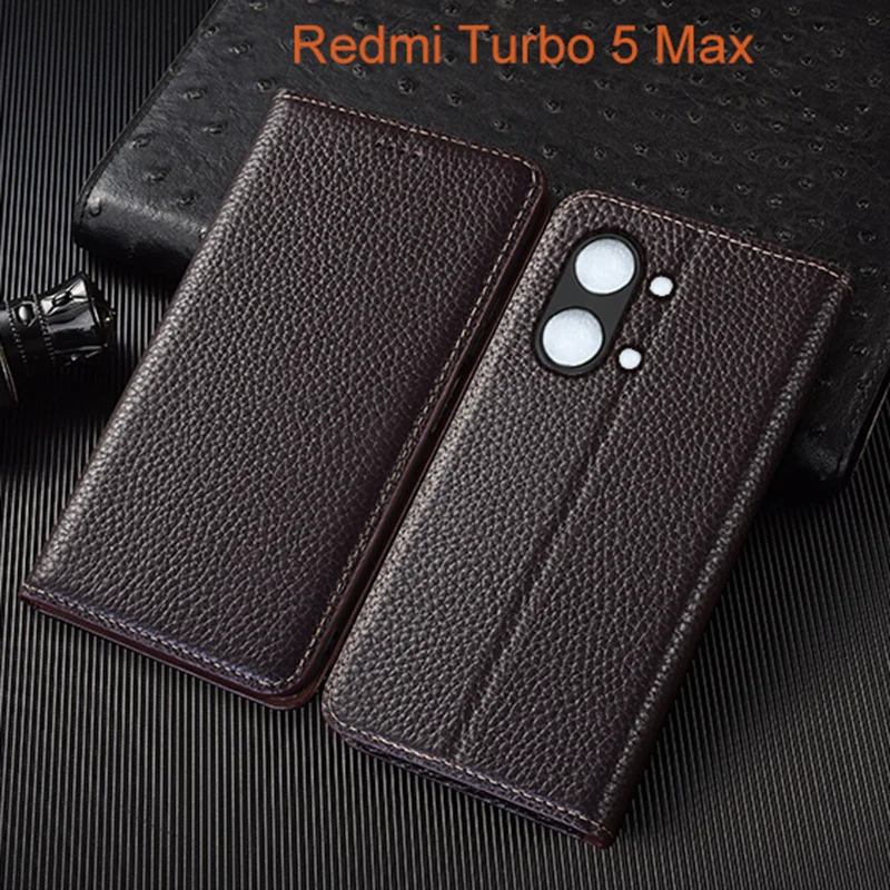 Genuine Leather Flip Case For Xiaomi Redmi Turbo 5 Max Phone Cover Card Cases Litchi Pattern Handmade