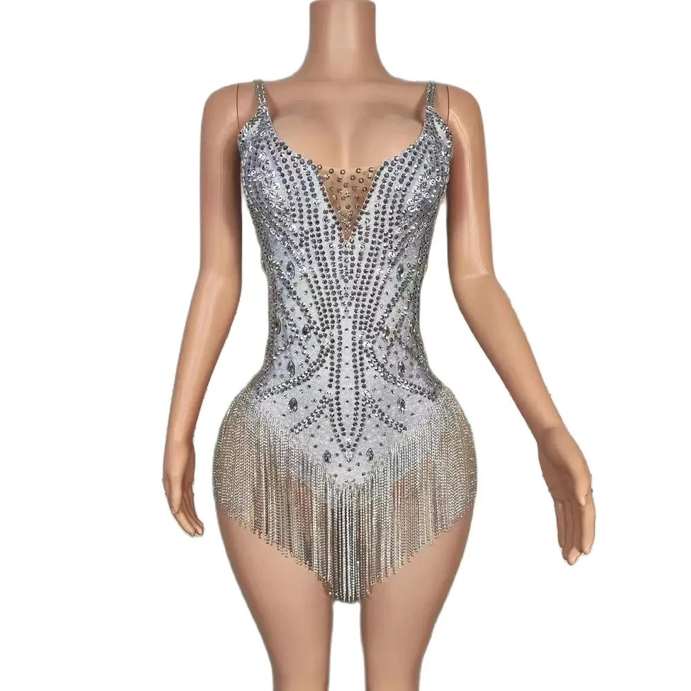 

Luxury Rhinestone Fringe Sleeveless Backless Bodysuits For Women Sexy Birthday Nightclub Pageant Drag Queen Photoshoot Bodysuit