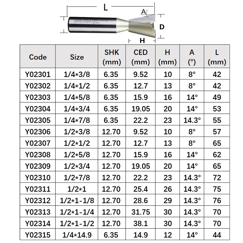 ARDEN Dovetail Router Bit Tool Woodworking Carbide Tenon Groove Milling Cutter Wood Drawer Cabinet Clapboard Dovetail CNC Tool