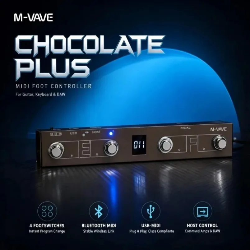 M-VAVE Plus MIDI Footswitch 4 Button OLED Host Control USB Bluetooth Wireless Programmable For Guitar Bass Keyboard DAW