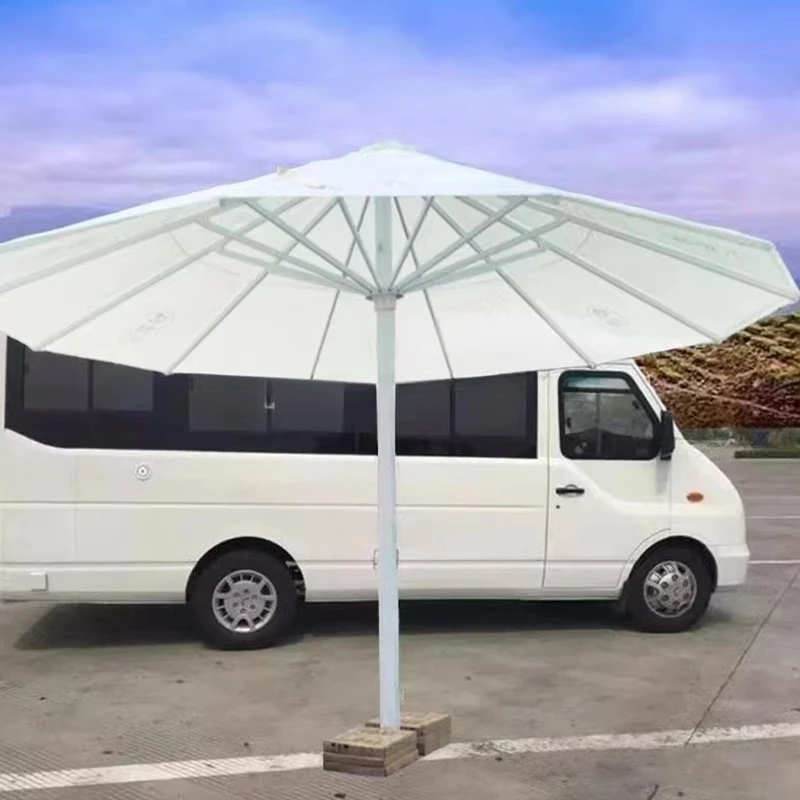 Large outdoor parasol, durable and sun-resistant, with aluminum bracket.