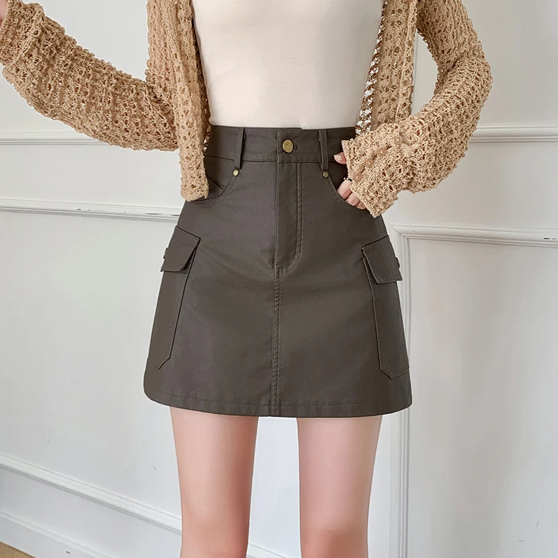 

New Autumn Winter Leather Short Skirts Women Fashion High Waist Pockets A-line Mini Skirt Ladies Casual PU Leathers Skirts