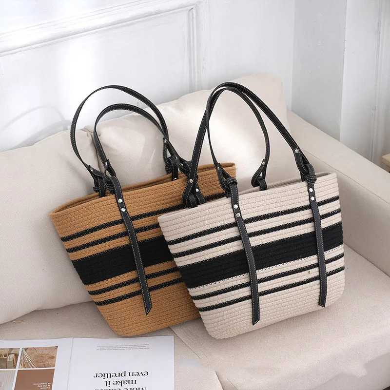 MKCCCKA Striped Design Straw Tote Bag Large Capacity Beach Boho Style Handbag Fulfilment Shopping Bag Wiklowa tkana torba na ramię