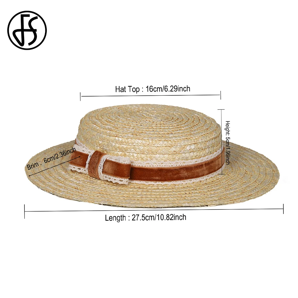 FS 2024 Summer Flat Top Straw Hat With Velvet And Crochet Ribbon Bow Fascinator Hats For Women Short Brim Cocktail Tea Party Cap