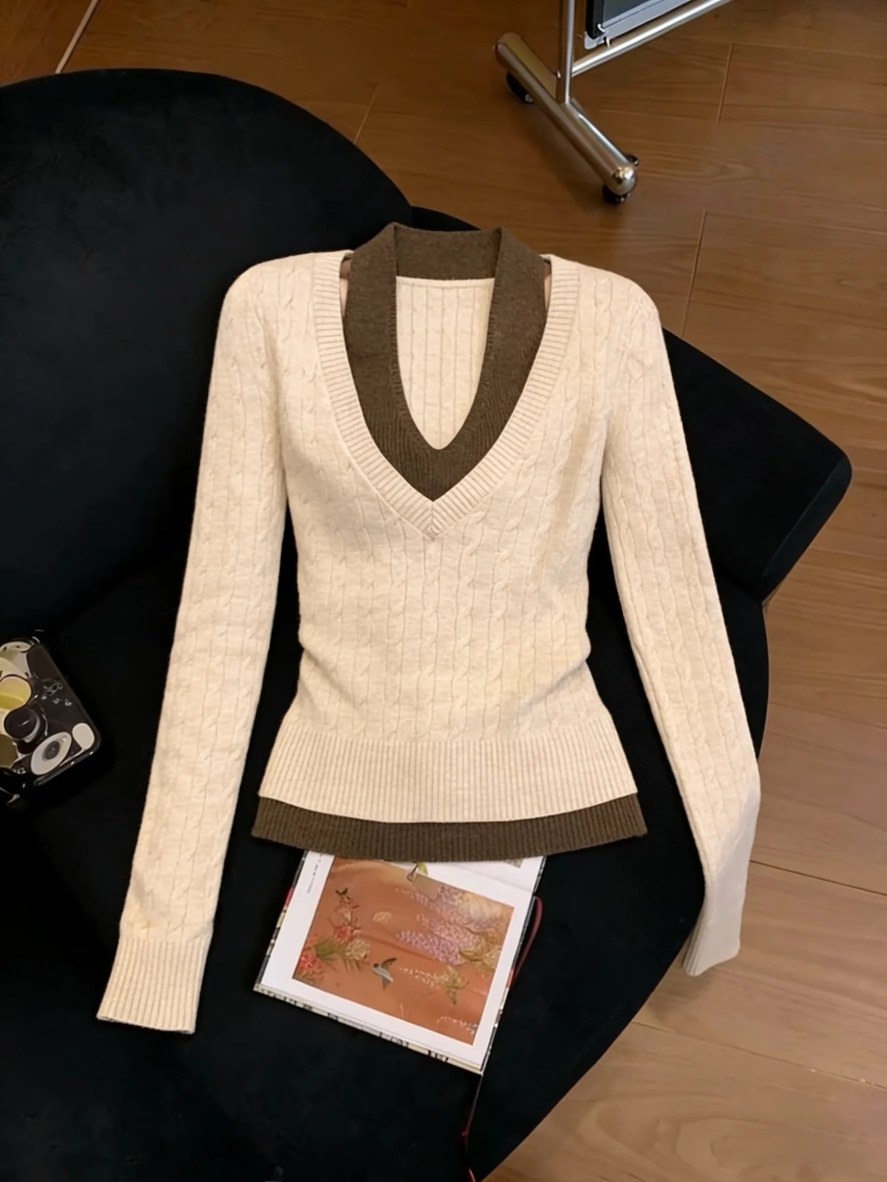 

Женский вязаный топ Ele Vintage Color Block с длинным рукавом, базовый слой, утягивающий эффект, повседневный, стандартный крой