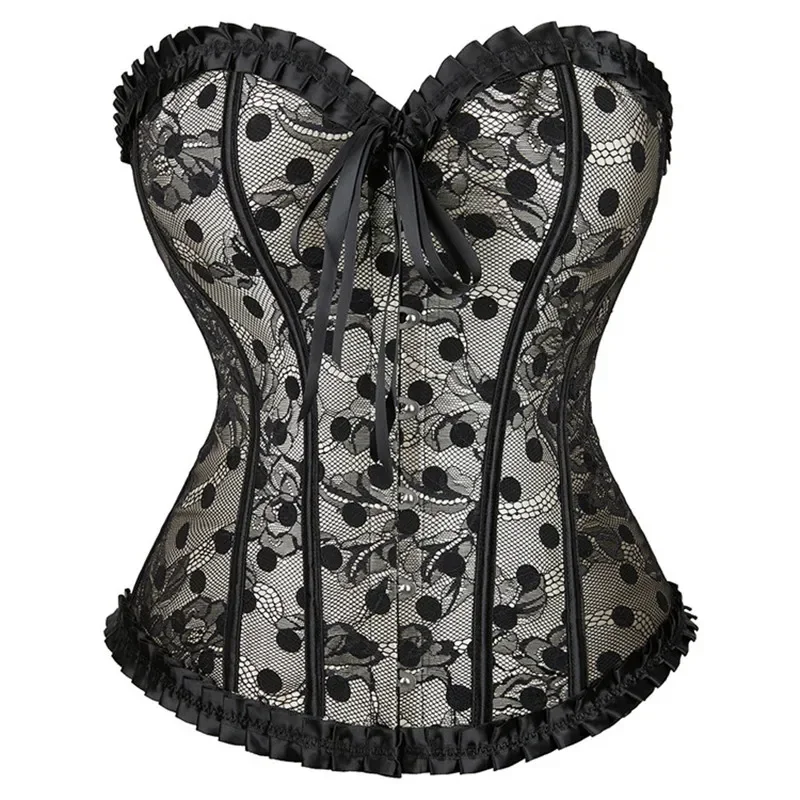 Women Sexy Lace Overbust Corset Polka Dot Back Frenulum Boned Lingerie Victorian Floral Shaping Corset Tops Plus Size