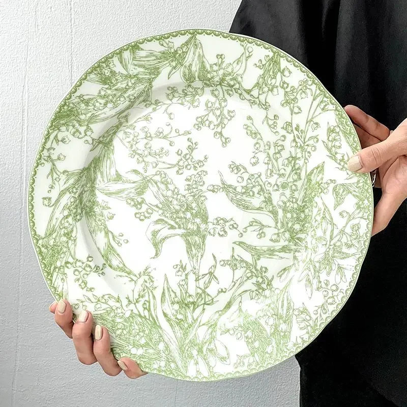 European Style Jade Green Lily of The Valley Series High-end Exquisite Bone China Western Dining Plate Dessert Plate Tableware