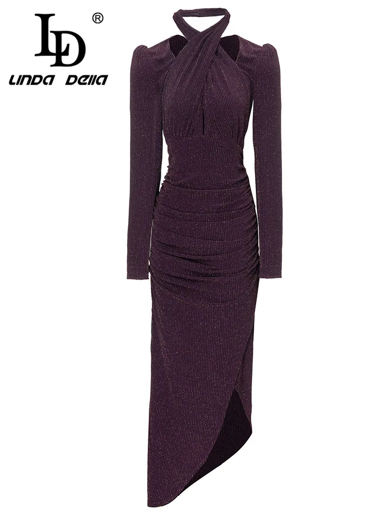 

LD LINDA DELLA Autumn winter luxury designer party Dresses Women's Cross-over collar High waist Slim Fit Draped Slit Long Dress