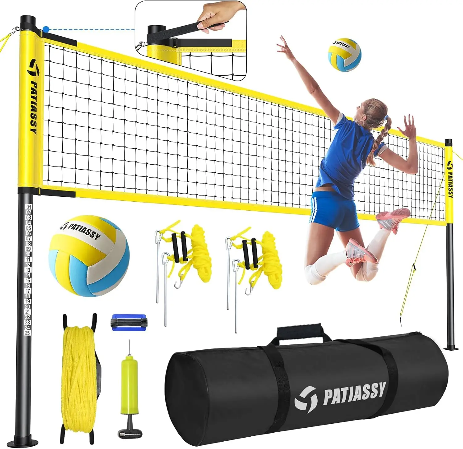 

Portable Volleyball Net Set with Adjustable Height, Official Size Net, Ball, Pump & Carry Bag for Outdoor Play