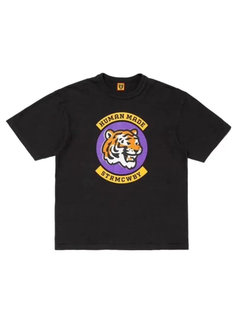 Human Made Style Cartoon Tiger Letter Slub Cotton T-Shirt, Casual Tee for Couple Unisex