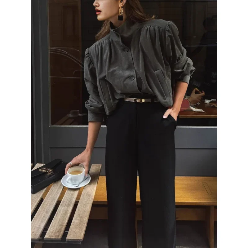 Pullover Pleated Single-button Merlot-colored Short Women's Suede Jacket with A Stand Collar Leather Jacket Women