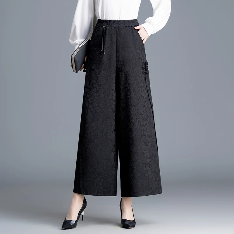 ZUZK Jacquard Wide Leg Pants Spring Autumn Comfortable Elastic Waist Chic Droop Chinese Style Pants Mom's Pants